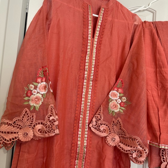 Elegant Peach Embroidered Long Dress 3Pc - Picture 7 of 9